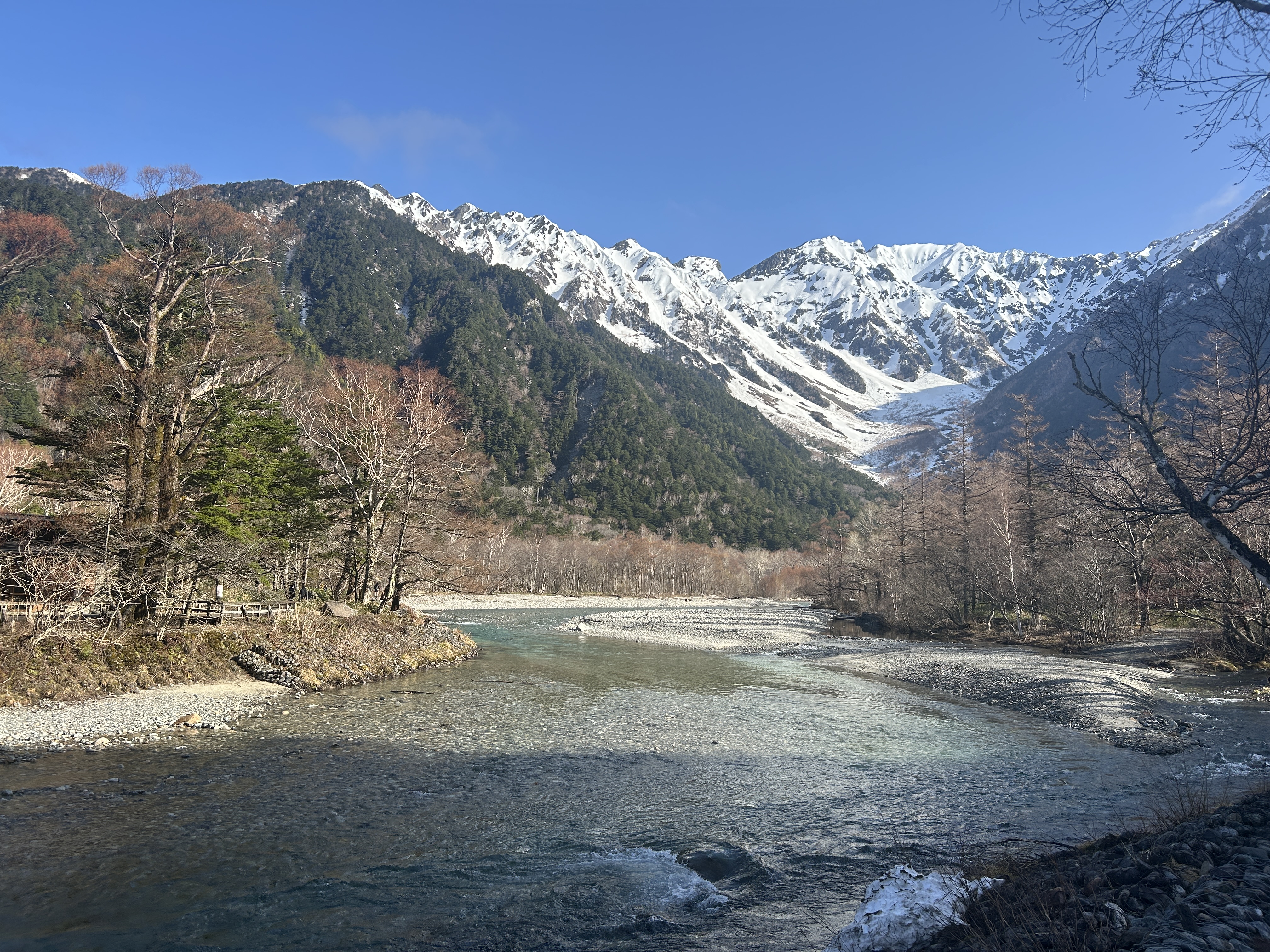 穂高連峰　梓川　上高地　河童橋　4月　開山
